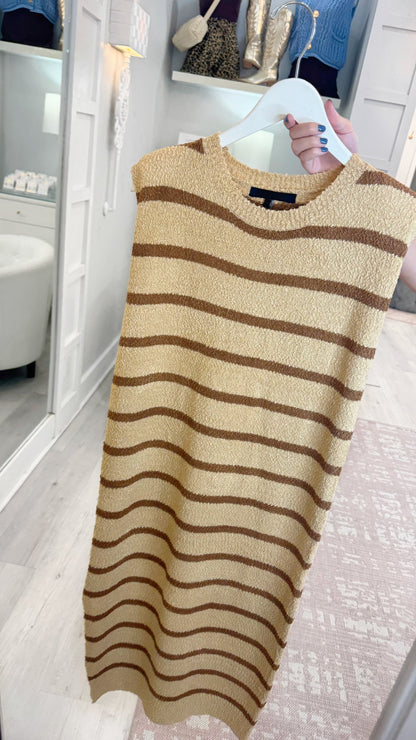 womens sleeveless dress, womens knit dress, strut and bolt dress, striped knit dress, midi dress, neutral fall dress, womens fall dress