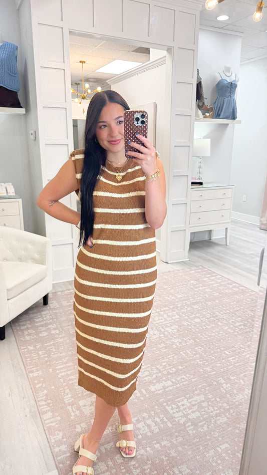 womens sleeveless dress, womens knit dress, strut and bolt dress, striped knit dress, midi dress, neutral fall dress, womens fall dress