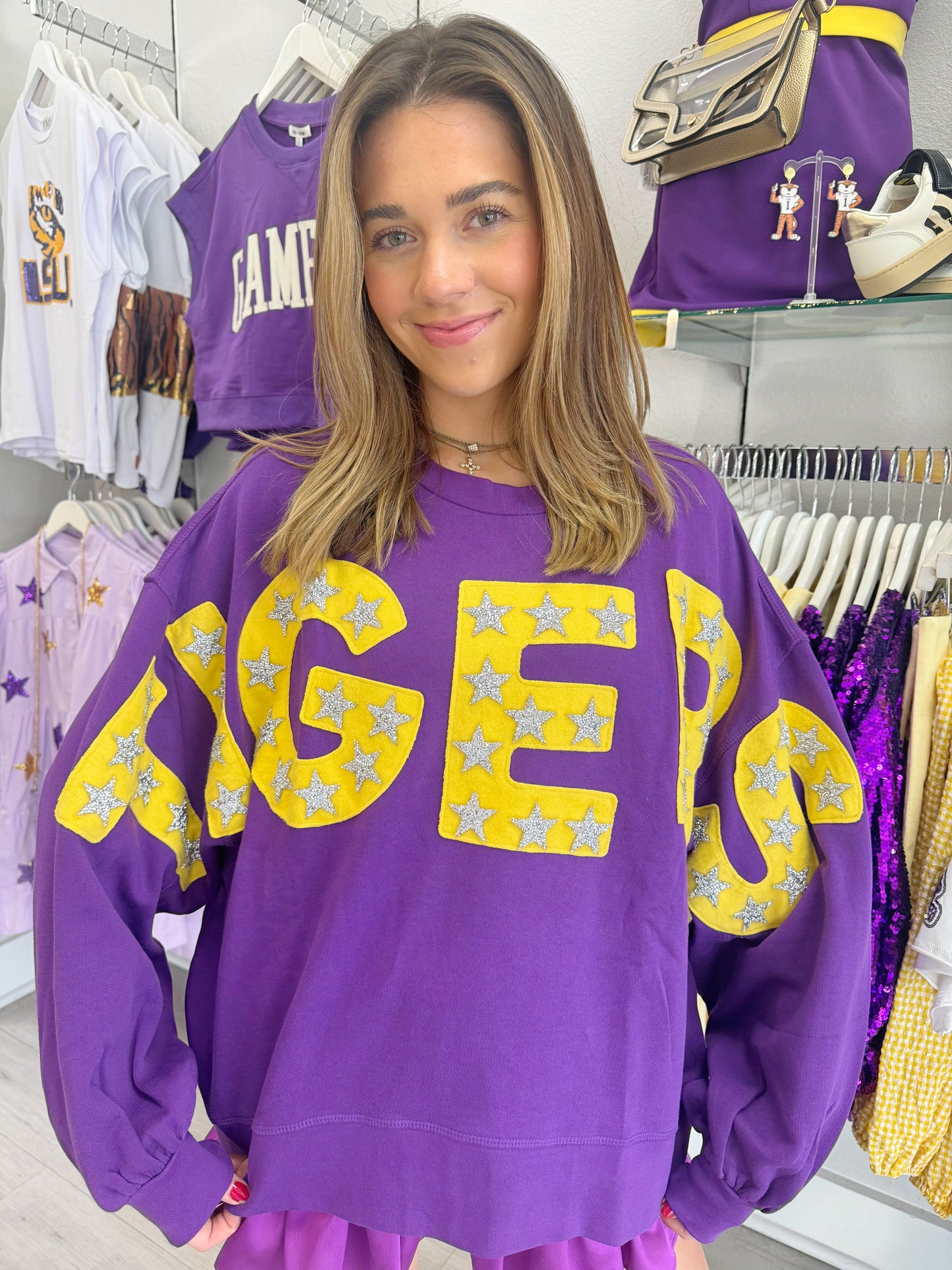 tigers sweatshirt, gameday sweatshirt, lsu sweatshirt, bold tigers sweatshirt, purple sweatshirt, purple tigers sweatshirt, comfy tigers pullover