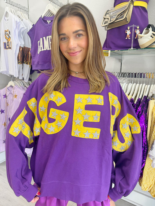 tigers sweatshirt, gameday sweatshirt, lsu sweatshirt, bold tigers sweatshirt, purple sweatshirt, purple tigers sweatshirt, comfy tigers pullover
