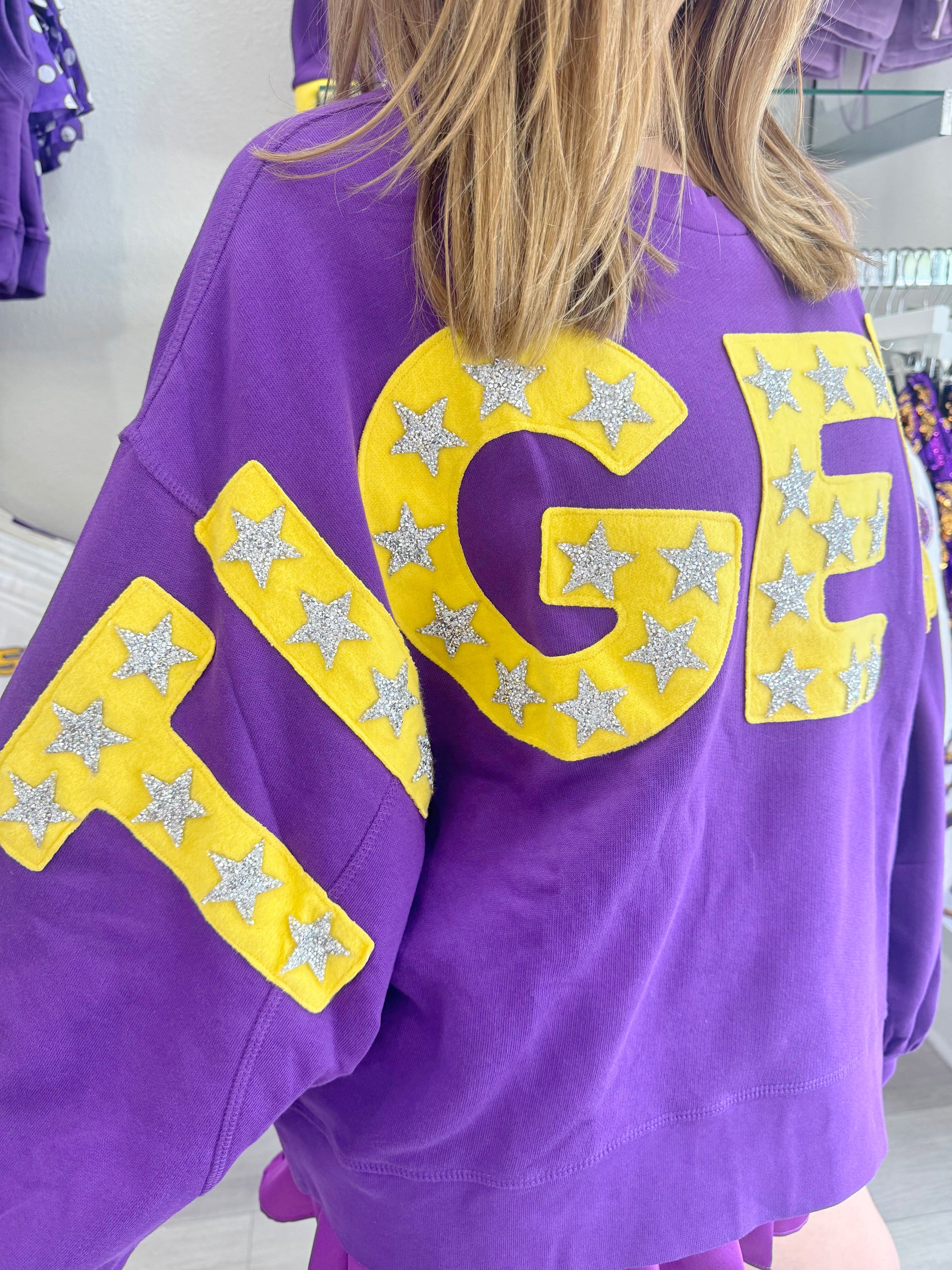 tigers sweatshirt, gameday sweatshirt, lsu sweatshirt, bold tigers sweatshirt, purple sweatshirt, purple tigers sweatshirt, comfy tigers pullover