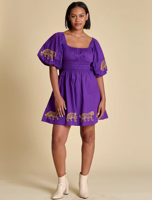 puff sleeve dress, poplin dress, tiger dress, gameday dress, lsu gameday outfit