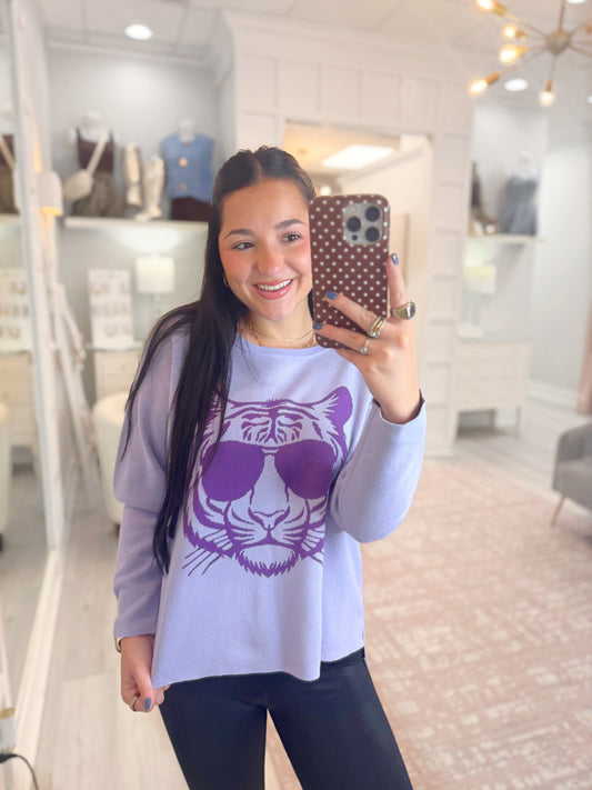 LSU sweater, purple lsu sweater, long sleeve purple sweater, gameday sweater, long sleeve sweater, tiger head sweater, tiger head with sunglasses sweater, purple tiger head sweater, woman's long sleeve lsu sweater