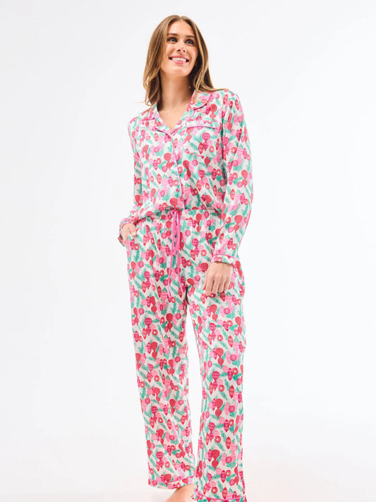pajamas, pj set, christmas pajamas, holiday pajamas, ornament pajamas, women's pj set, women's christmas pj sets