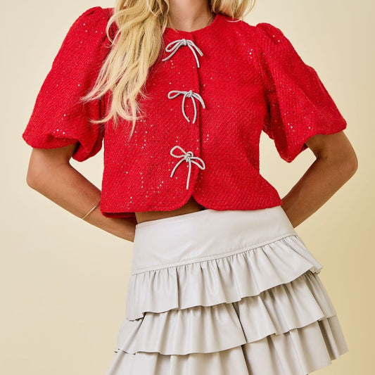 holiday top, trending top, sequin top, bow top