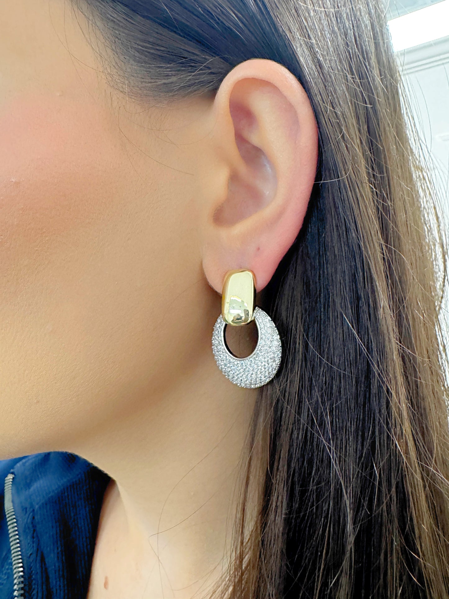 rhinestone earrings, two tone earrings, jewelry