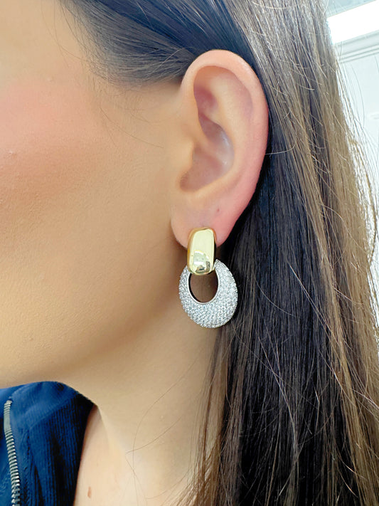 rhinestone earrings, two tone earrings, jewelry