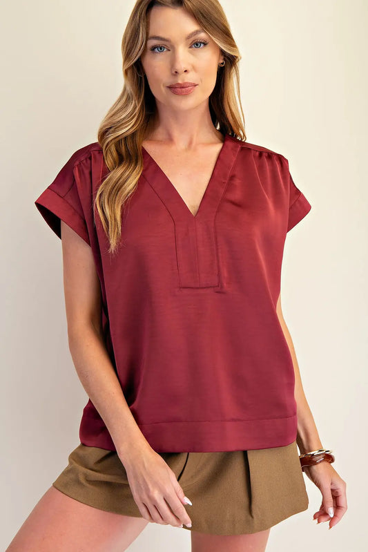v neck top, satin top, silk top, fall top, short sleeve top