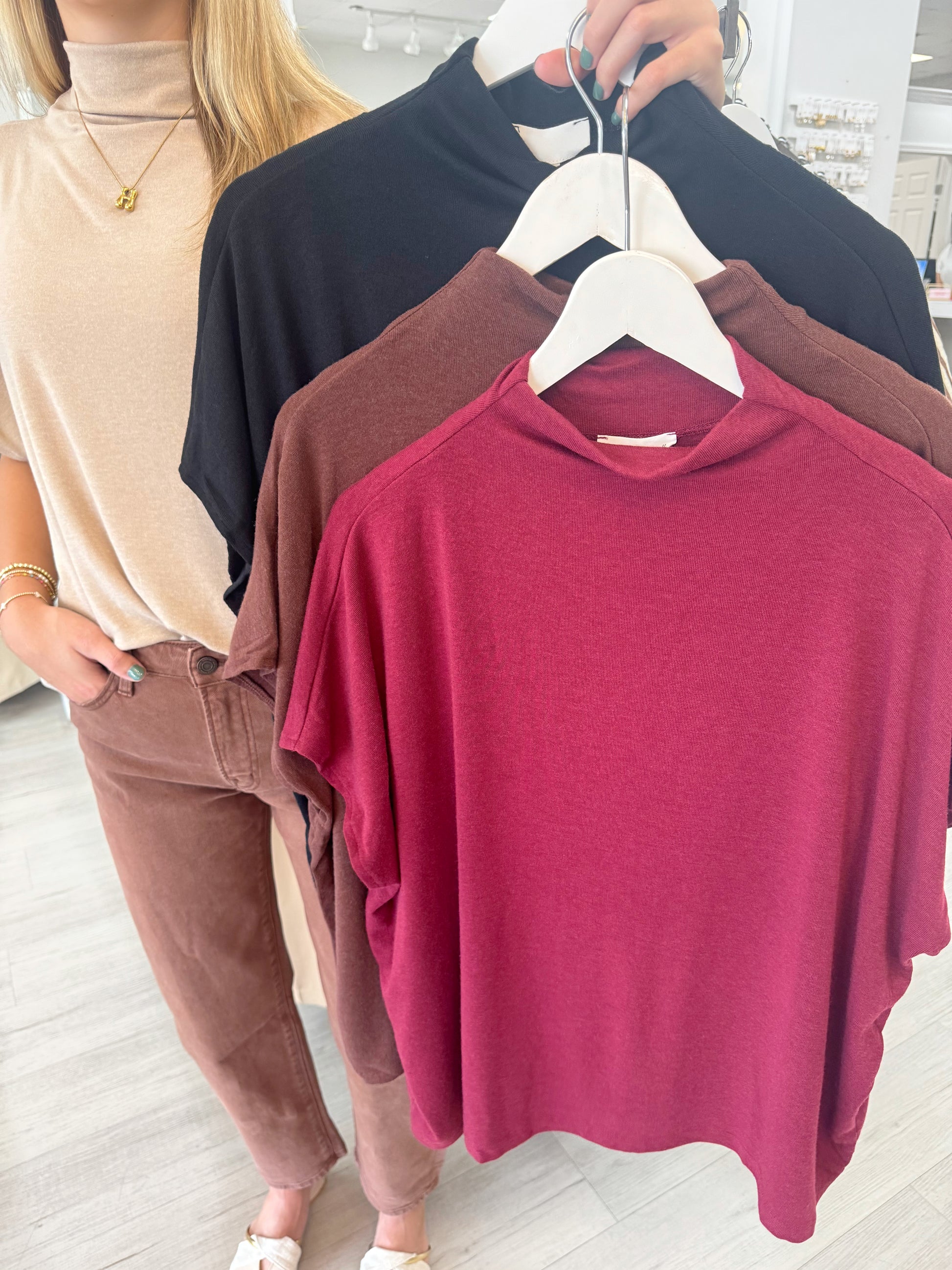 Mock neck top, short sleeve tops, lightweight tops, fall tops, women tops, women layering piece, boutique mock neck tops, boutique fall tops.