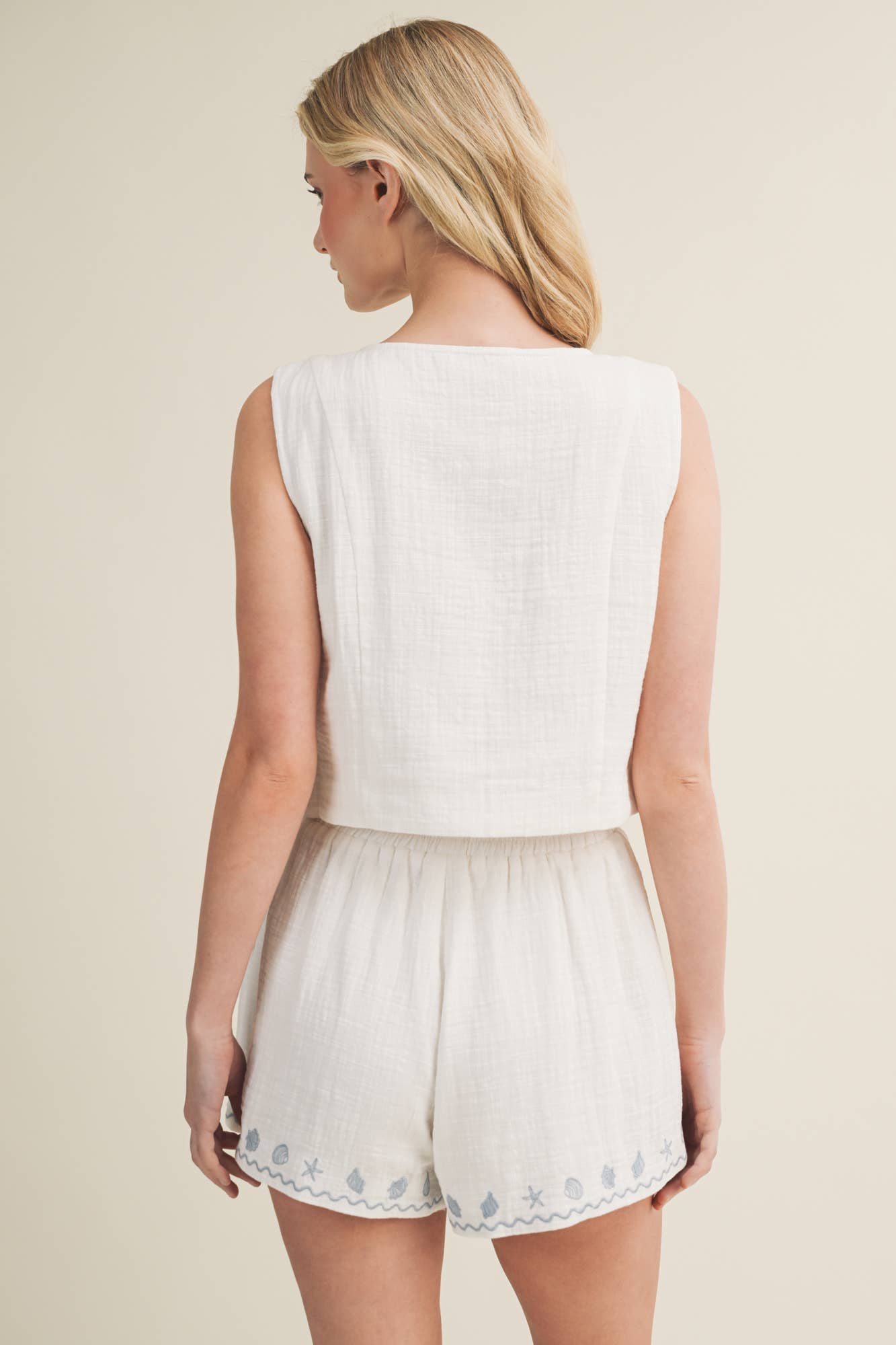 Seashell Embroidered Scalloped Button Top