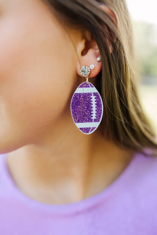 Purple & White Acrylic Glitter Football Earrings