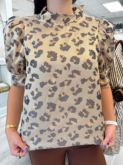 puff sleeve top, woman's puff sleeve top, dressy puff sleeve top, boutique blouse, dressy blouse, animal print blouse, boutique top, classy short sleeve top