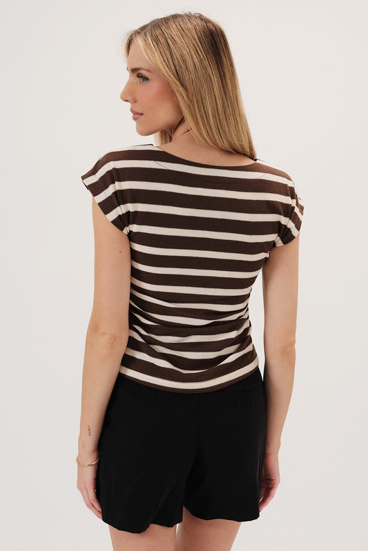 Barb Boat Neck Side Ruching Striped Top