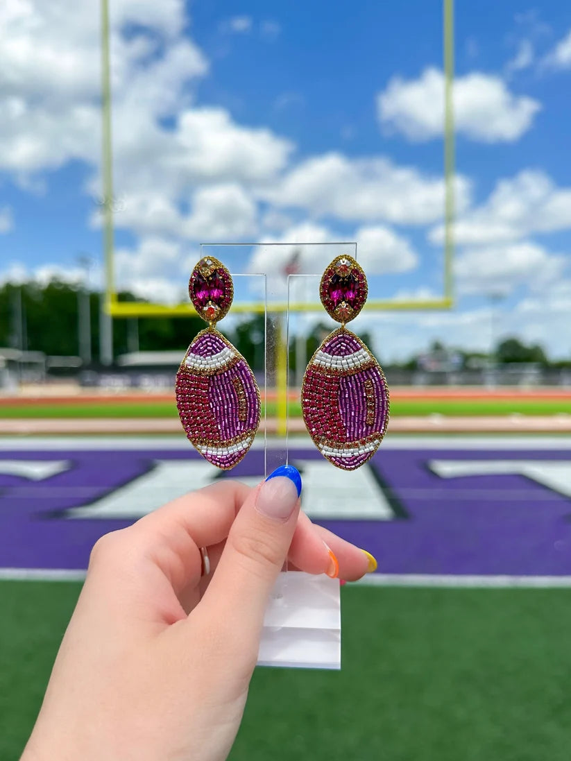Beaded Purple & Gold Football Earrings