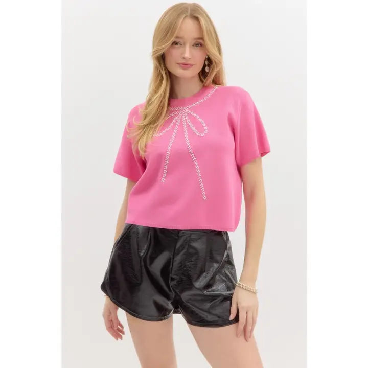 Bow Embellished Short Sleeve Sweater