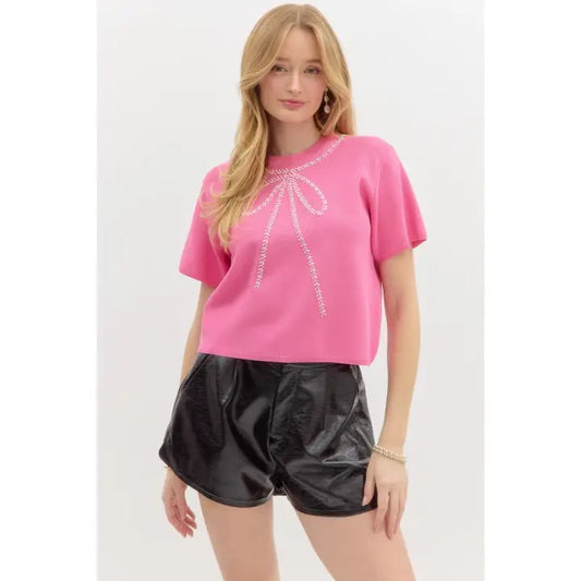 Bow Embellished Short Sleeve Sweater