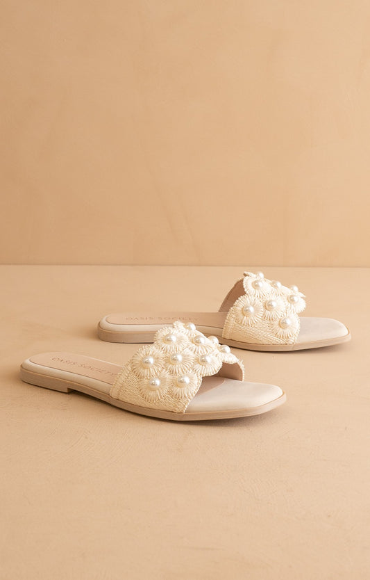 Cathleen Pearl Raffia Slides