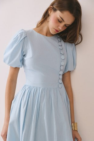 Puff Sleeve Faux Button Detail Midi Dress