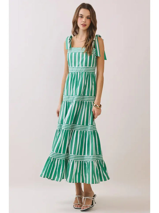 Striped Shoulder Tie Maxi Dress