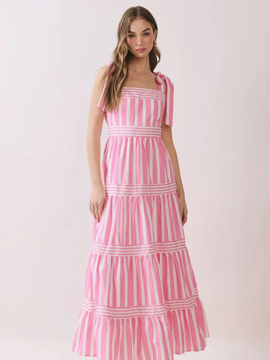 Striped Shoulder Tie Maxi Dress