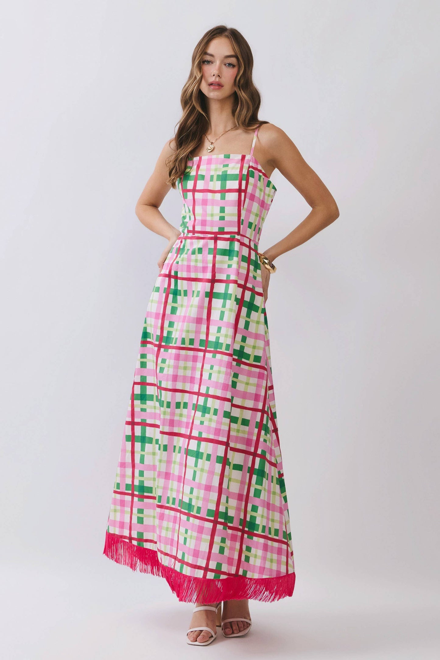 Plaid Fringe Hem Maxi Dress