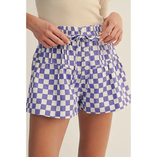 High Waisted Drawstring Checkered Shorts