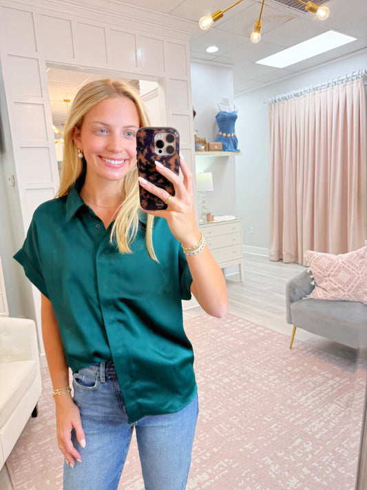 button down top, satin top, green top, mocha top, burgundy top, black top