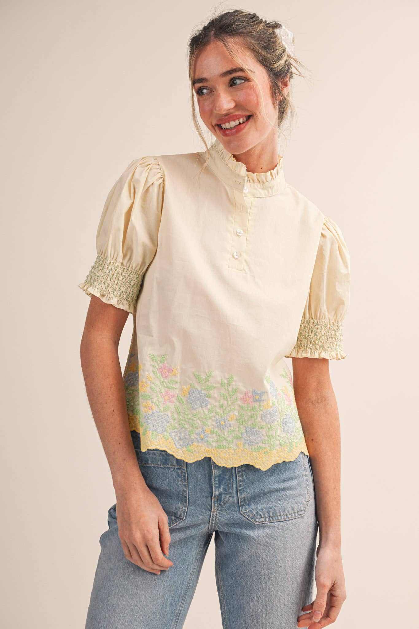 Trinity Embroidered Puff Sleeve Top