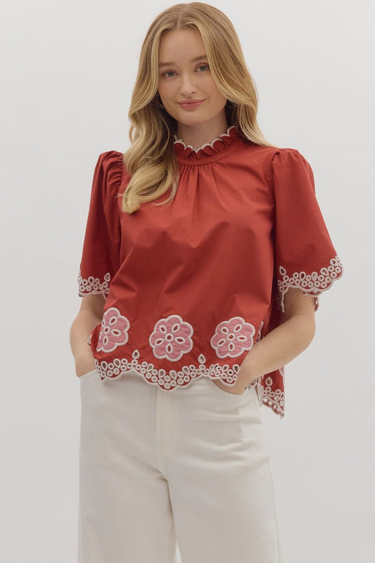 Embroidered Flutter Sleeve Top