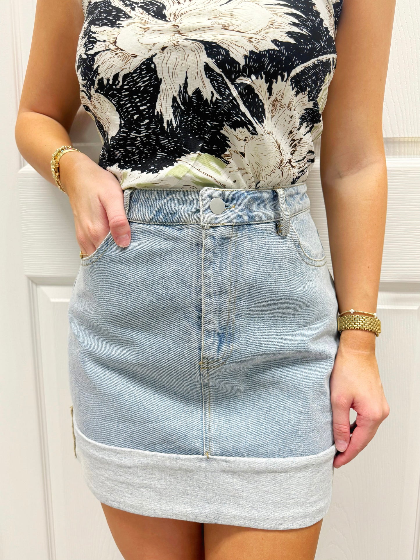 High Rise Denim Cuffed Skirt