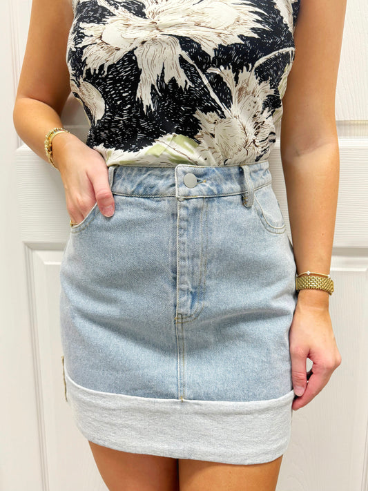 High Rise Denim Cuffed Skirt