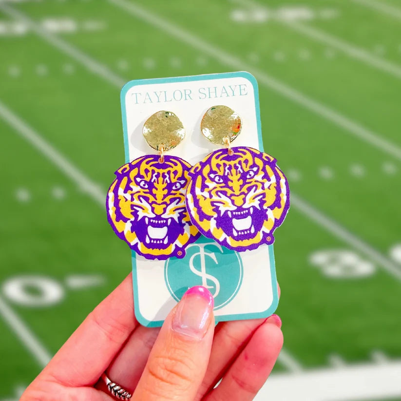 LSU Roaring Tiger Head Drop Earrings