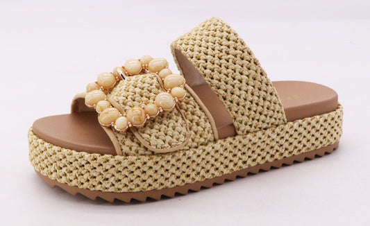 New York Beaded Buckle Raffia Sandals