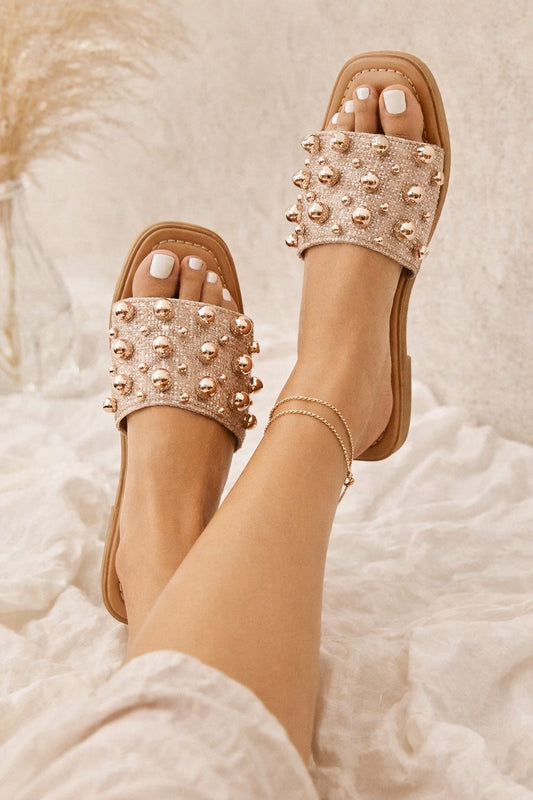 Embellished Raffia Slide On Sandals