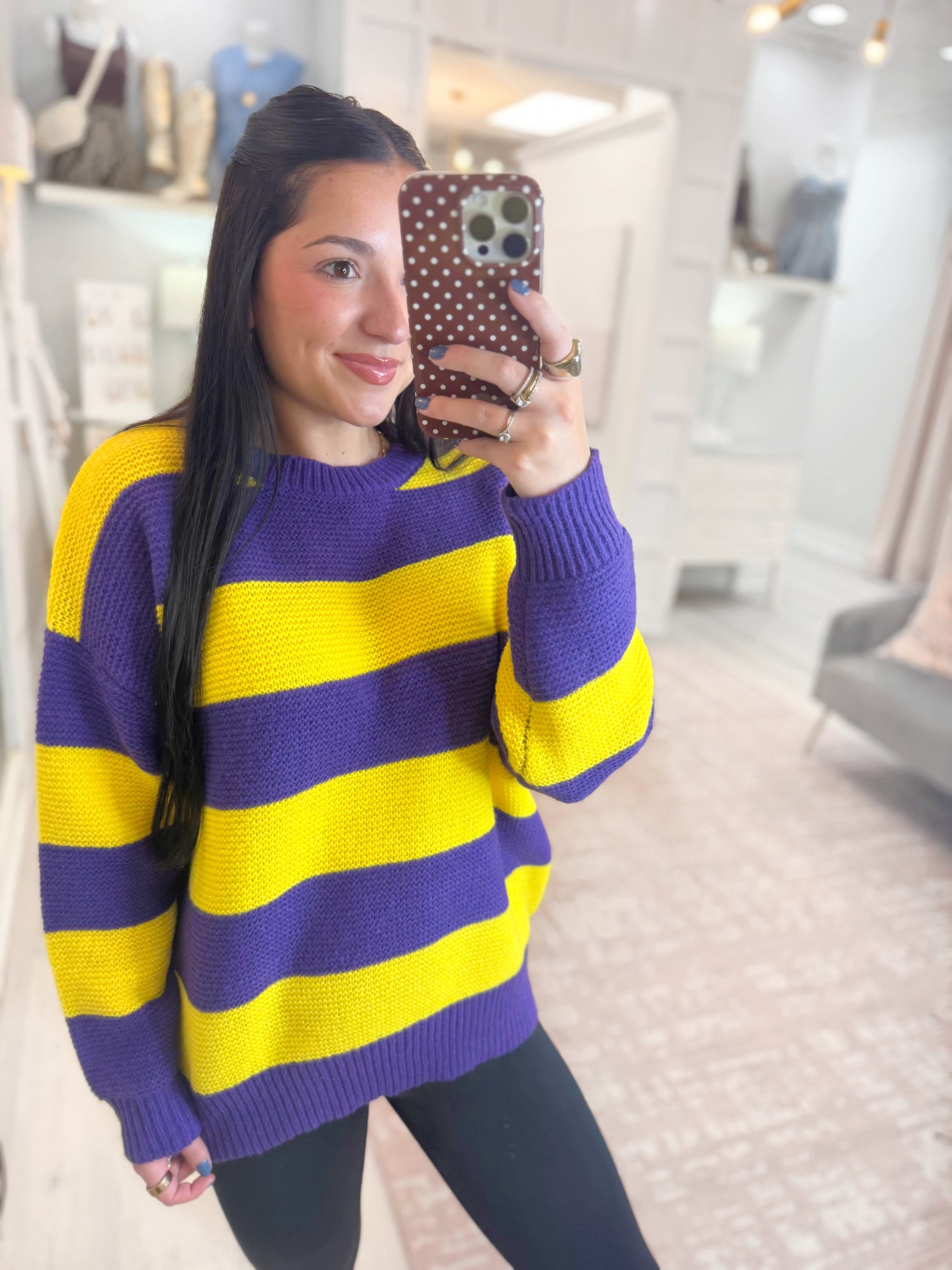 gameday sweater, striped sweater, woman's sweater, woman's striped sweater, LSU sweater, comfy sweater, purple and yellow striped sweater