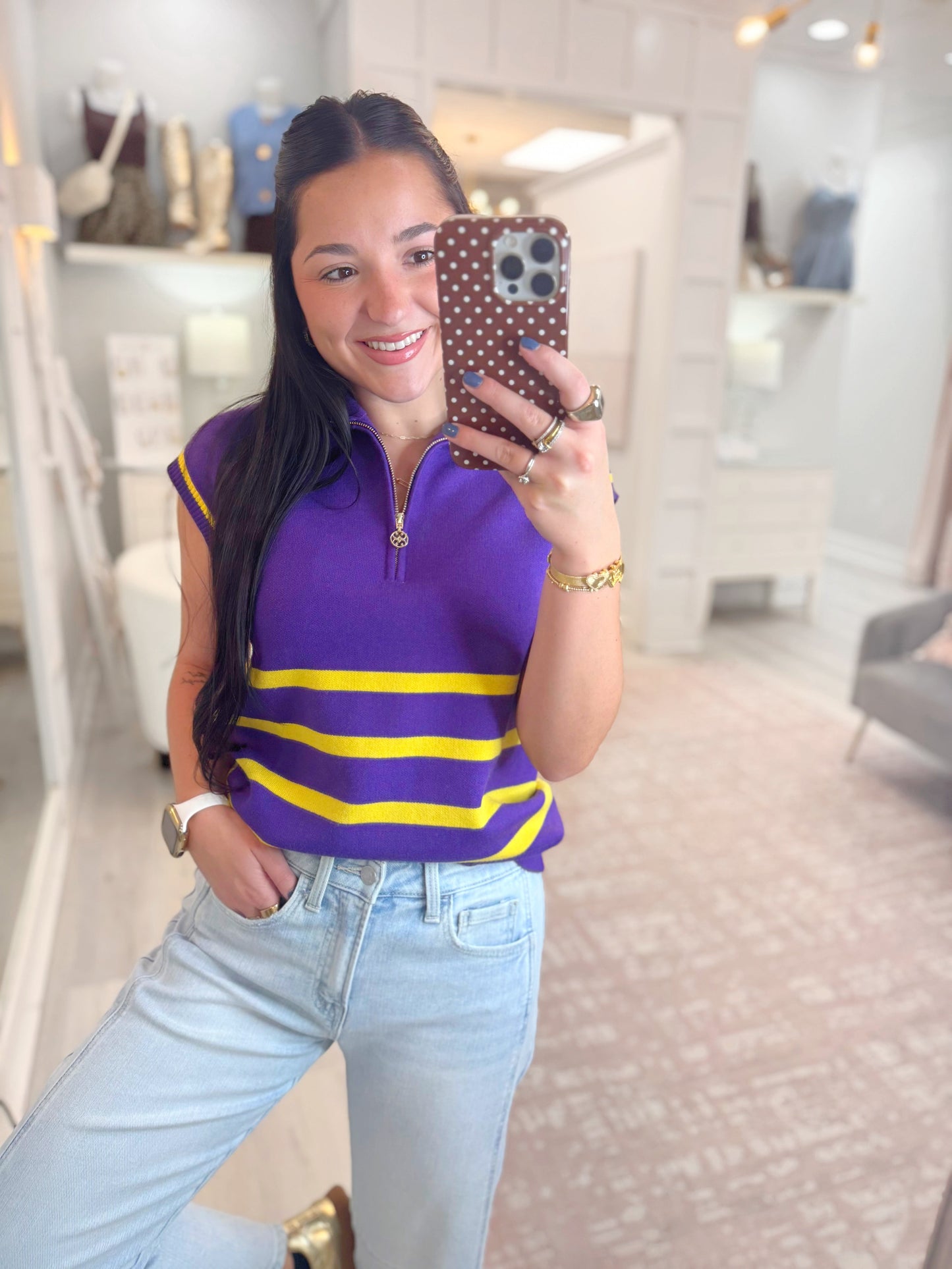 LSU sweater, striped sweater, woman's sweater, sleeveless LSU sweater, purple and gold sweater, Mary square sweater, knit sweater, knit sleeveless sweater, game day sweater