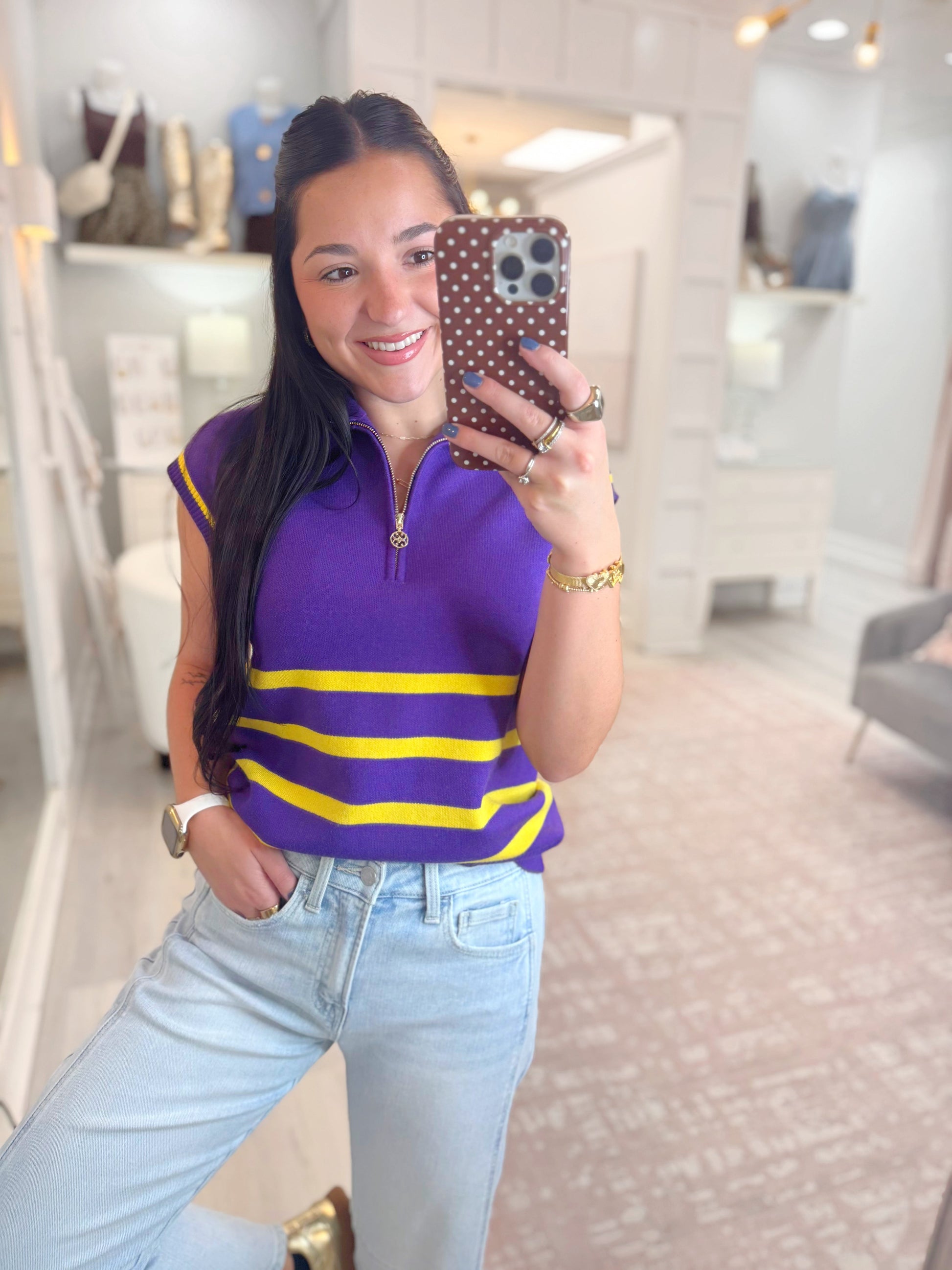 LSU sweater, striped sweater, woman's sweater, sleeveless LSU sweater, purple and gold sweater, Mary square sweater, knit sweater, knit sleeveless sweater, game day sweater