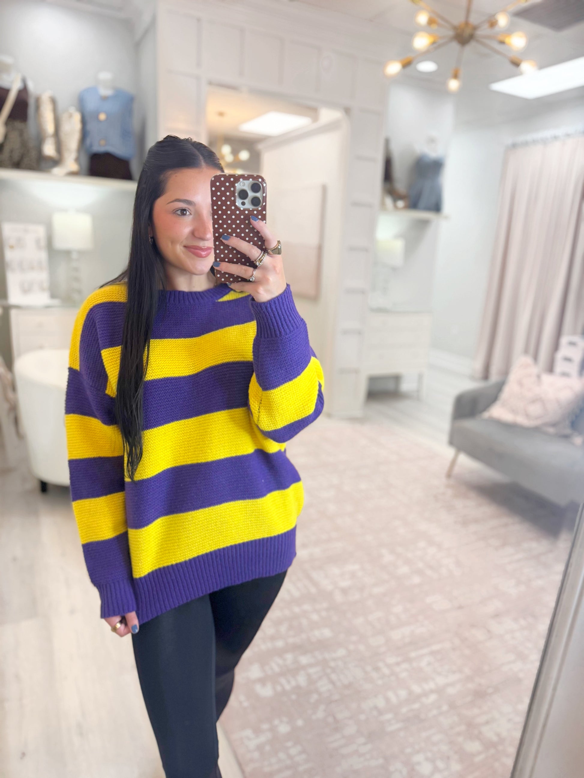 gameday sweater, striped sweater, woman's sweater, woman's striped sweater, LSU sweater, comfy sweater, purple and yellow striped sweater