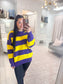 gameday sweater, striped sweater, woman's sweater, woman's striped sweater, LSU sweater, comfy sweater, purple and yellow striped sweater