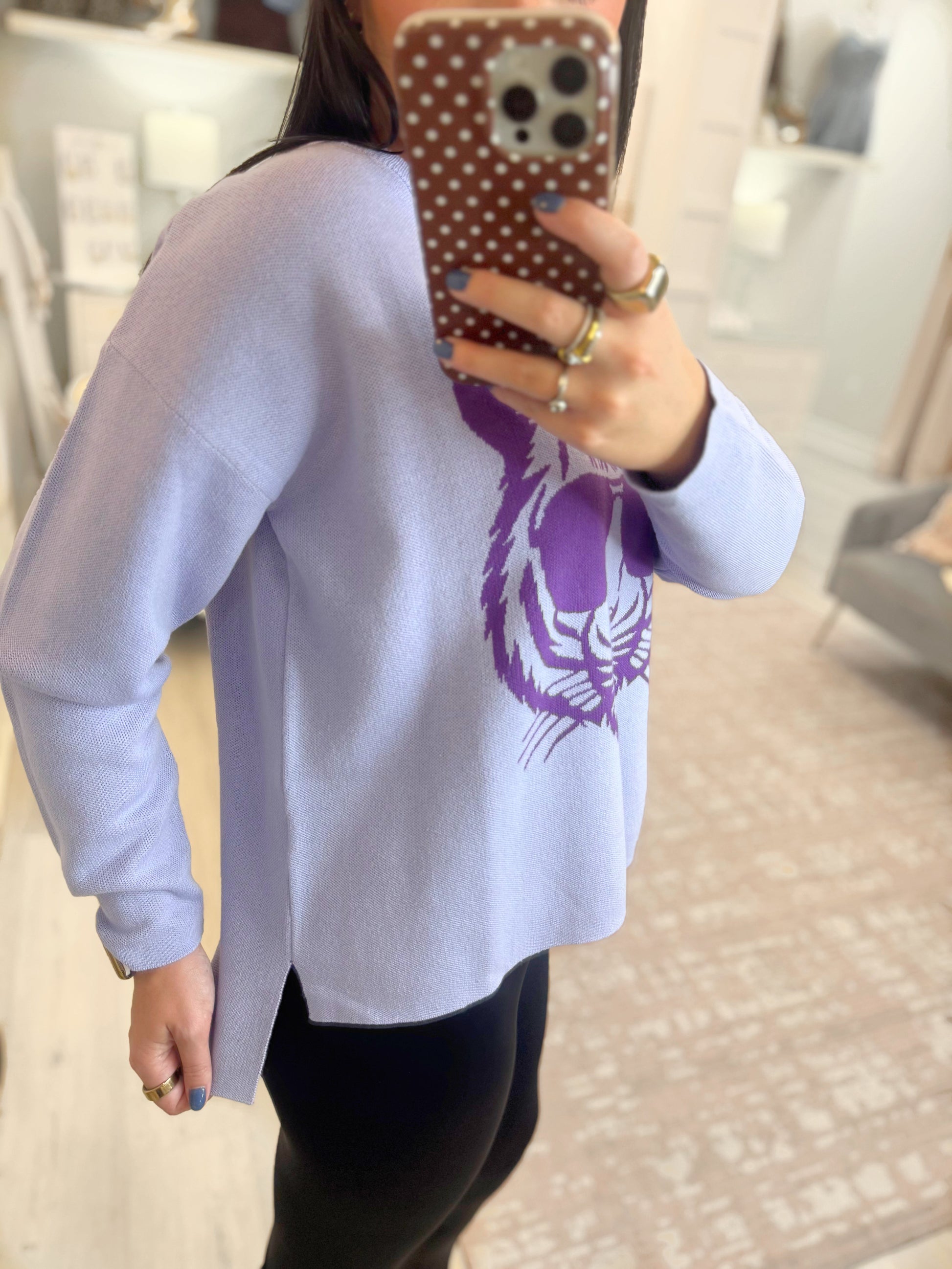 LSU sweater, purple lsu sweater, long sleeve purple sweater, gameday sweater, long sleeve sweater, tiger head sweater, tiger head with sunglasses sweater, purple tiger head sweater, woman's long sleeve lsu sweater