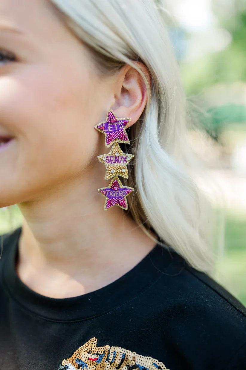 LSU Let's Go Tigers Triple Star Earrings