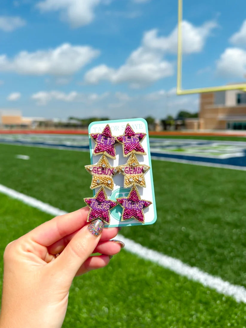 LSU Let's Go Tigers Triple Star Earrings