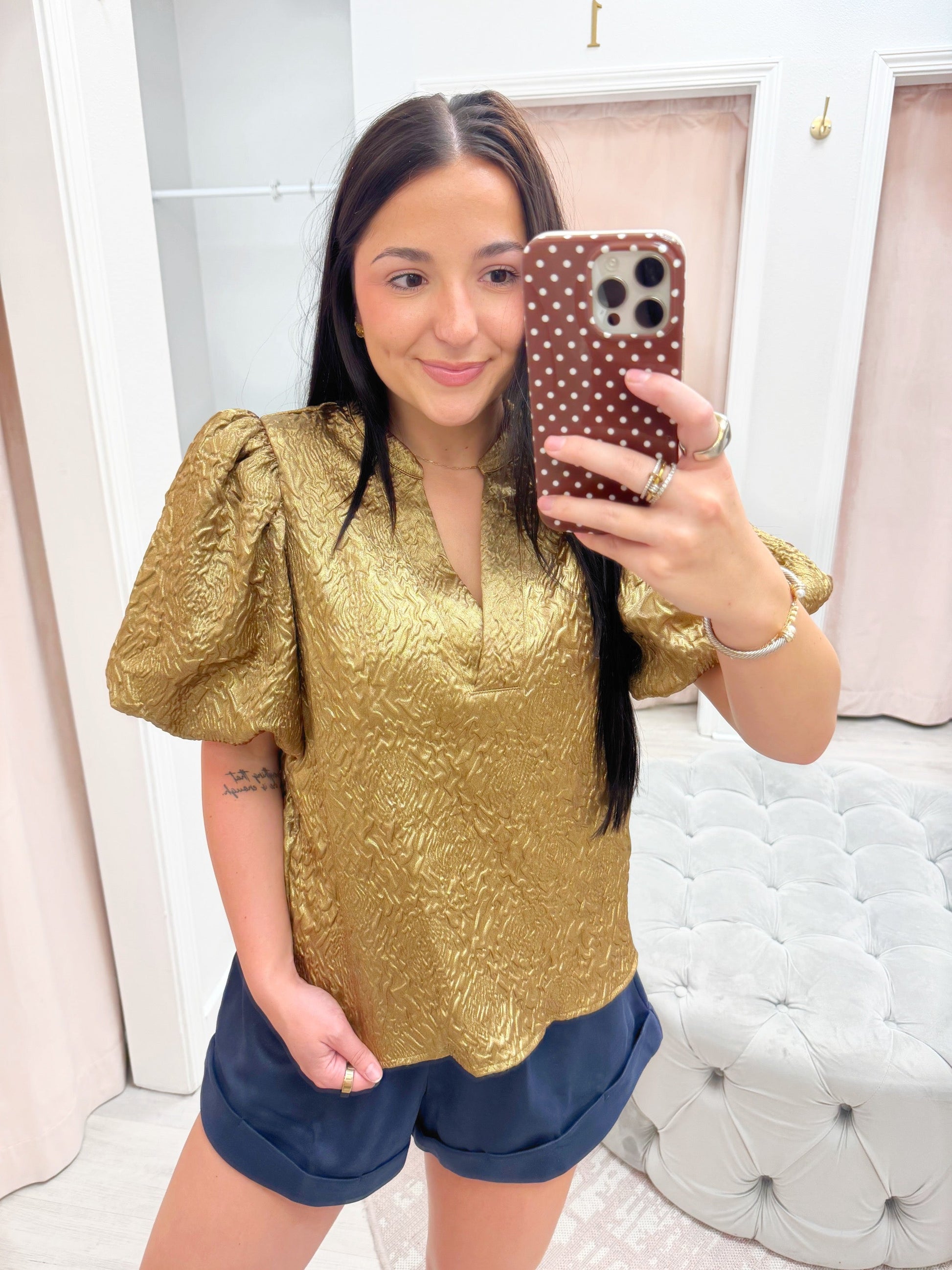 puff sleeve top, v neck, gold top, fall top