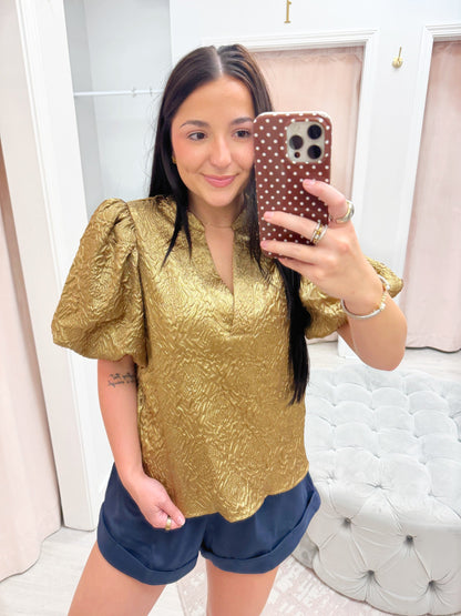 puff sleeve top, v neck, gold top, fall top